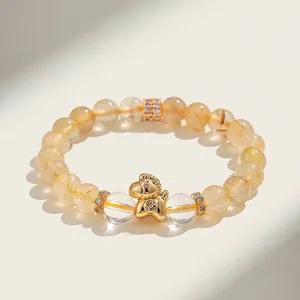 Bracciale in quarzo rutilato dorato naturale con ciondolo a forma di cavallo d'oro portafortuna