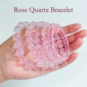 Bracelet Perlé en Quartz Rose Naturel Glacé pour Femmes Frais Sucré Cristal Rose Perle Ronde Bracelet Extensible Bijoux de Mode Cadeau