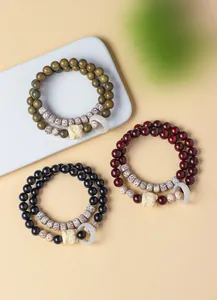 Retro Chinese stijl houten kralen armbanden met ster maan bodhi en leeuwen hanger