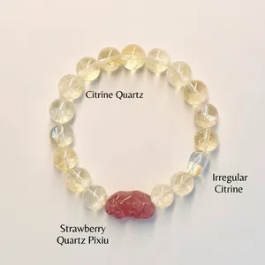 Détail du bracelet en azéztulite jaune naturelle et quartz fraise avec Pixiu