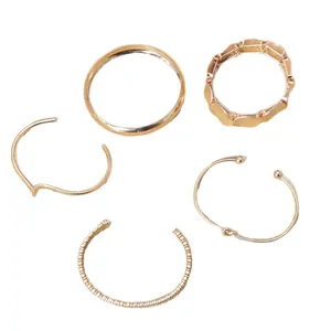 Detailed view of a five-piece gold metal bracelet set featuring various stylish textures.