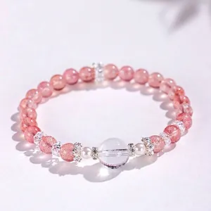 Eleganter Armband aus natürlichem Erdbeerkristall und Perlen für Damen mit Bergkristall