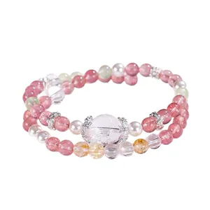 Doppelreihiges Armband mit Erdbeerquarz, Perlen und Bergkristallperlen