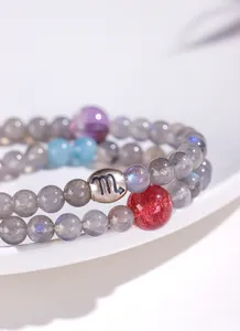 Detailansicht eines Skorpion-Zodiac-Anhängers an einem grauen Labradorit-Perlenarmband.