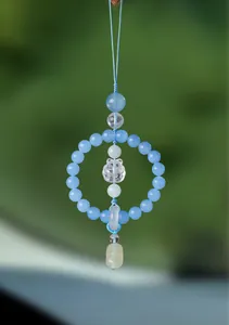 Elegant blue crystal beaded car hanging ornament featuring a carved fox pendant charm