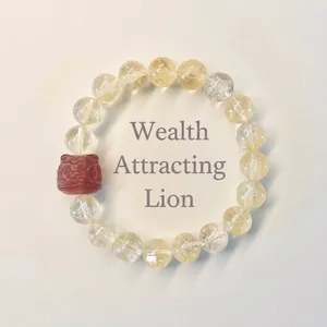 Bracelet en cristal jaune naturel avec breloque de lion en quartz fraise sculpté