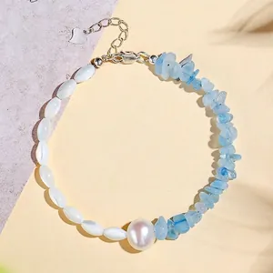 Irregular Aquamarine Freshwater Pearl Trochus Shell Jewelry Women S925 Sterling Silver Necklace Bracelet Ring Elegant Handmade Accessories