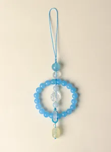 Blue crystal bead car charm featuring a cute carved fox hanging ornament detail view