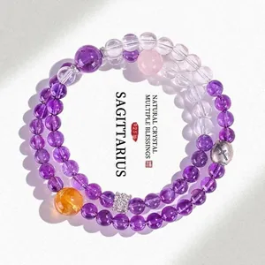 Exquisites 925 Silber Schütze Tierkreis Amethyst Naturkristall Perlenarmband für Frauen