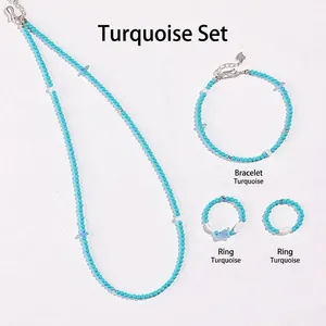 Handmade Turquoise And Aquamarine Beaded Jewelry Set For Women Fresh Sweet Ocean Style With Heart Pendant Shell Accents