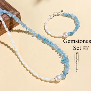Exquisite natural aquamarine and pearl jewelry set featuring a necklace and bracelet