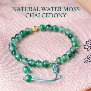 Natural Moss Agate Chalcedony Beaded Bracelet Fashion Green Gemstone Adjustable Handmade Jewelry Women Gift Accessory