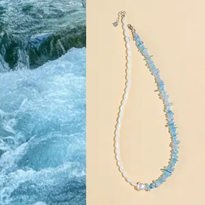 Fresh summer asymmetric aquamarine and shell bead necklace with a large white pearl