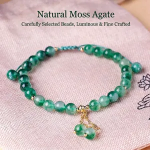 Handmade natural moss agate beaded bracelet with 6mm green gemstone beads and pendant