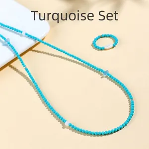 Exquisite natural turquoise and aquamarine beaded necklace and ring jewelry set for women.