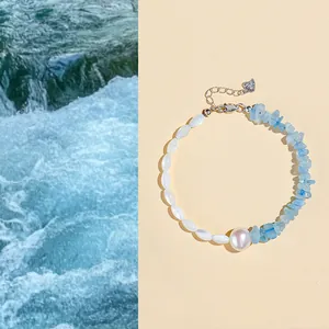 Fresh aquamarine and pearl bracelet with S925 silver extender for summer style