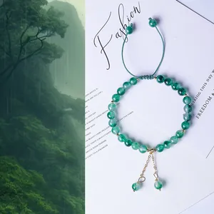 6mm natural green moss agate beaded bracelet with adjustable cord and gold-tone accents
