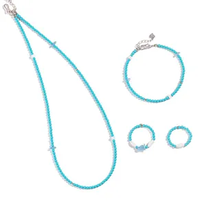 Handmade natural turquoise and aquamarine beaded necklace, bracelet, and ring jewelry set