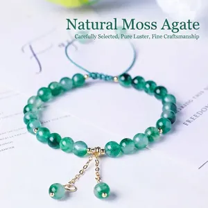 Elegant 6mm natural moss agate beaded bracelet for women, showcasing fine gemstone details