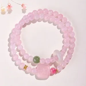 Bracelet élégant en cristal rose naturel avec breloques en jade et agate pour femme