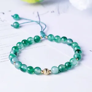 Natural 6mm green moss chalcedony beaded bracelet for women with gold accent bead