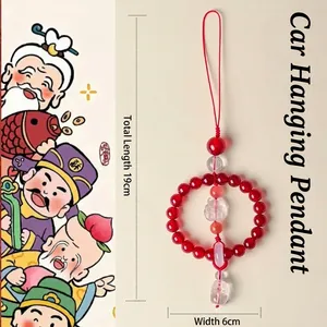 Handmade red beaded car hanging ornament with crystal lucky charms and fox pendant, 19cm length