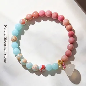 Armband aus natürlichem Rhodonit und Achat mit Lotus-Anhänger für Damen