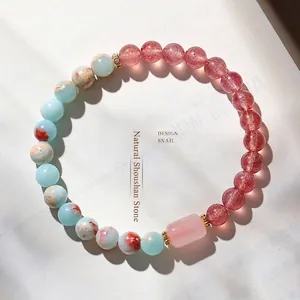 Perlenarmband aus Natur-Rhodonit und Schoushan-Stein mit rosa Kristall für Damen