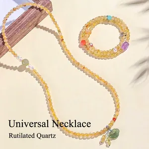 Conjunto de collar y pulsera de cuarzo rutilado dorado natural con colgante de jade