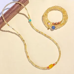 Collar de cuentas de cuarzo rutilado dorado natural y pulsera de varias vueltas