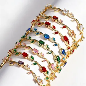 Bracciale Zirconia Vintage Lusso a Forma di Bocciolo di Tulipano e Foglie da Donna in Metallo Galvanizzato Gioielli di Moda
