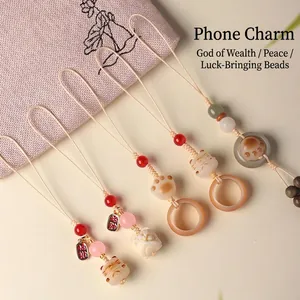Pendentif de Sac Fait à la Main en Bodhi Charbon Danse du Lion Chat de la Chance Charme de Téléphone en Perles d'Agate Douce