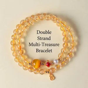 Bracelet Double Boucle en Cristal Naturel 6mm pour Femmes Pendentif Calebasse en Argent Sterling 925 Améthyste Citrine Quartz