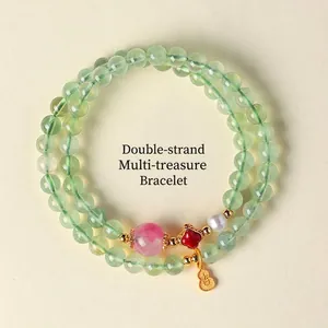 Bracelet double rang en perles de cristal vert naturel avec breloque gourde dorée