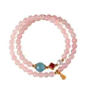 Bracelet en perles de quartz rose naturel avec breloques gourde et trèfle pour femmes