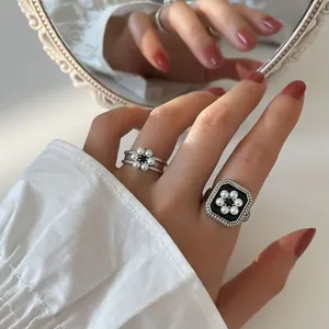 Bague Ouverte Vintage en Argent Sterling 925 et Perle Artificielle pour Femme Élégante Forme Fleur Géométrique Anneau Réglable Index Bijoux Mode Coréenne