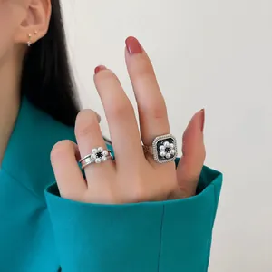 Bague ouverte en argent sterling 925 élégante avec motif fleur de perle vintage