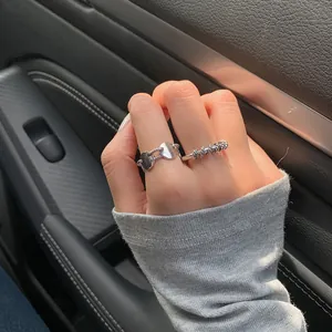 Vintage 925 sterling silver twisted rope and flat disc adjustable open rings set for women