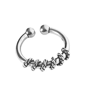 Vintage 925 sterling silver twisted braided wrap open ring for women with retro finish