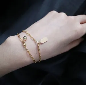 Minimalist 14K gold filled chain bracelet with Love engraved tag and ball charm