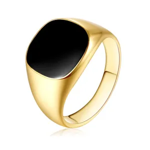 Bague Chevalière Carrée Minimaliste en Alliage Avec Émail Noir Unisexe Bague de Mode Électroplaquée pour Hommes Femmes