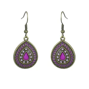 Orecchini a goccia vintage bohémien con smalto viola e finitura in bronzo antico