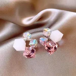 Orecchini a Lobo Cubo Geometrico Vetro Sfumato Color Caramella Perno Argento Sterling 925 Strass Gioielli Donna Regalo