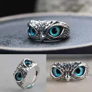 Anello Aperto in Lega Retrò a Forma di Gufo Con Malocchio per Uomo Donna Regolabile Esagerato Animale Strass Gioielli