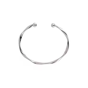 Minimalist silver-colored waved twisted metal open cuff bracelet with small ball ends