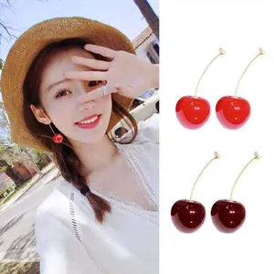 Women Sweet Red Cherry Fruit Dangle Earrings Resin Gold Stem Elegant Personality Fashion Niche Design Stud Earrings Jewelry Gift
