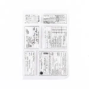 Detailed view of vintage transparent silicone stamps featuring antique document designs.