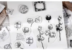 Macro view of clear silicone stamps with detailed cotton flower engravings for scrapbooking.
