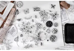 Vintage clear silicone stamps with botanical and insect patterns for DIY scrapbooking decor