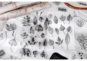 Detailed view of clear silicone leaf stamps for vintage DIY scrapbooking decoration